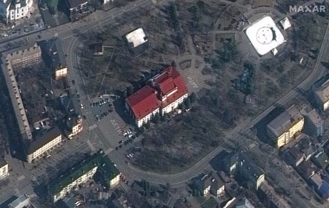 Satellite image of the theater that had the word 'kids' written on it