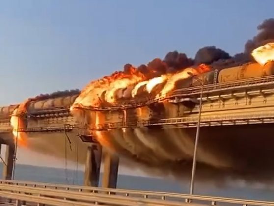 large explosion   fuel tanks damages kerch bridge linking